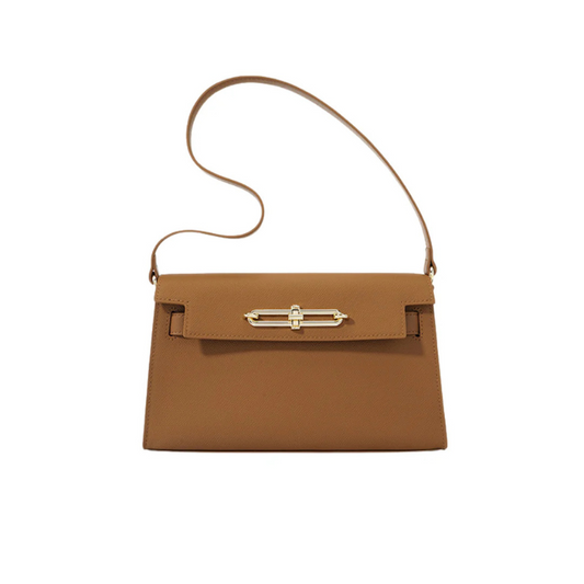 Genuine Leather Lock Buckle Crossbody Shoulder Baguette Bag With Vintage camel color