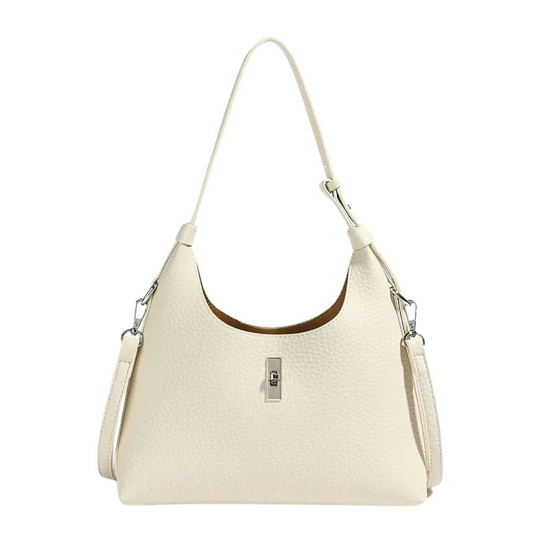 Genuine Leather Lock Single Shoulder Tote Bag In Creamy White color