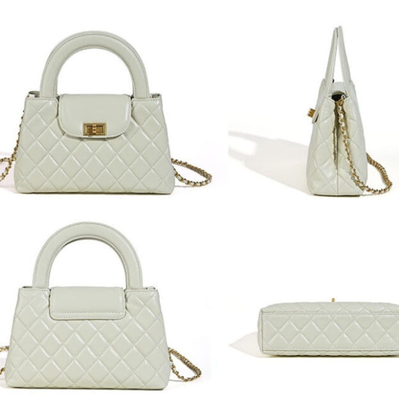Minimalist Genuine Leather Crossbody Chain Quilted Handbag in Ivory color showing all sides