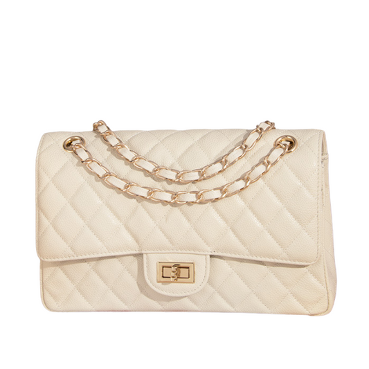 Quilted Genuine Leather Chain Strap Flap Bag with Lock Closure in Ivory color