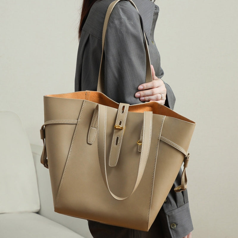 Structured leather tote bag women daily routine close detail