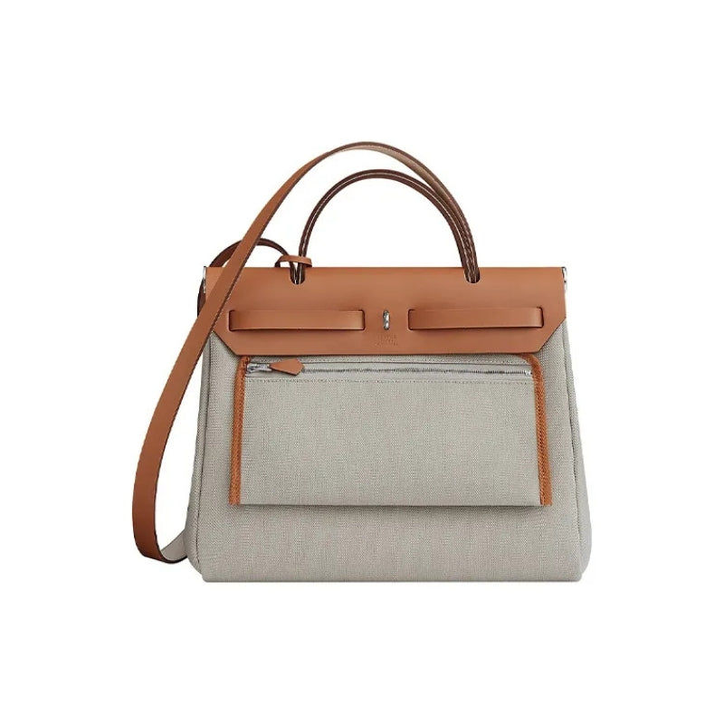 Women’s Canvas Lock Buckle Crossbody Top Handle Bag in color beaig form the back