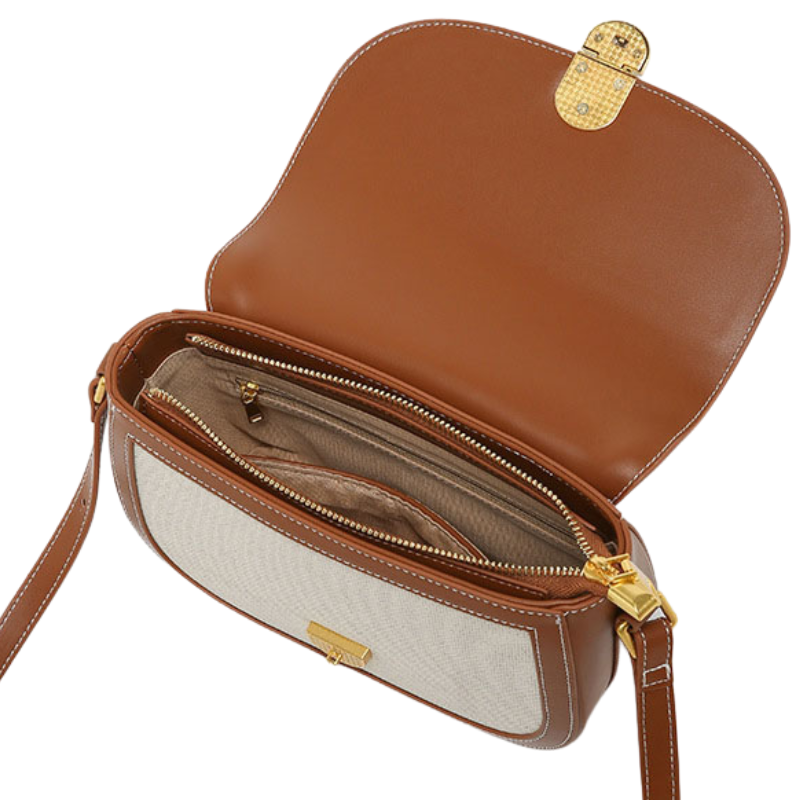Women’s Genuine Leather Lock Closure Crossbody Saddle Bags in Canvas With Brown color showing it from inside