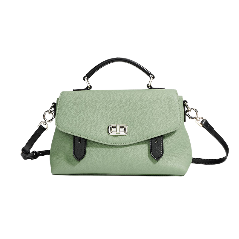 Women’s Genuine Leather Minimalist Lock-Clasp Handle Crossbody Bag in Jungle Green color from the front