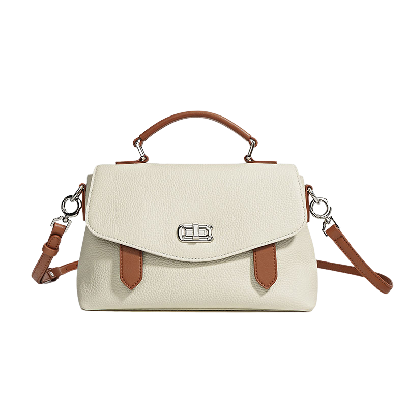 Women’s Genuine Leather Minimalist Lock-Clasp Handle Crossbody Bag in Milkshake White With brown color from the front
