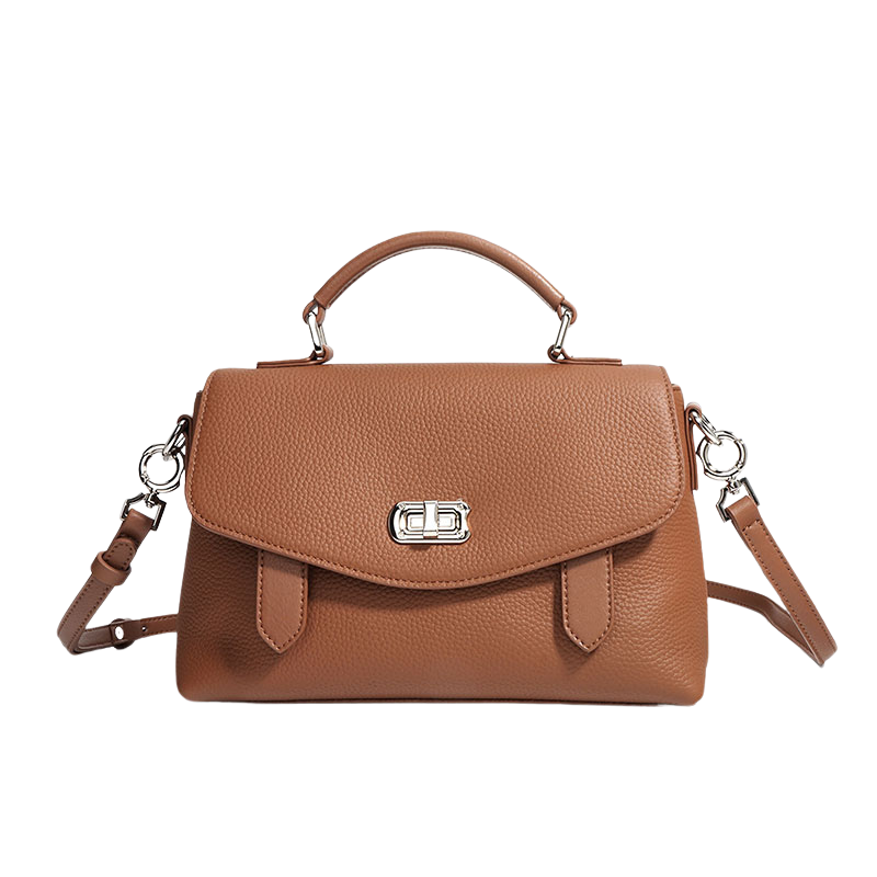Women’s Genuine Leather Minimalist Lock-Clasp Handle Crossbody Bag in golden Brown color from the front