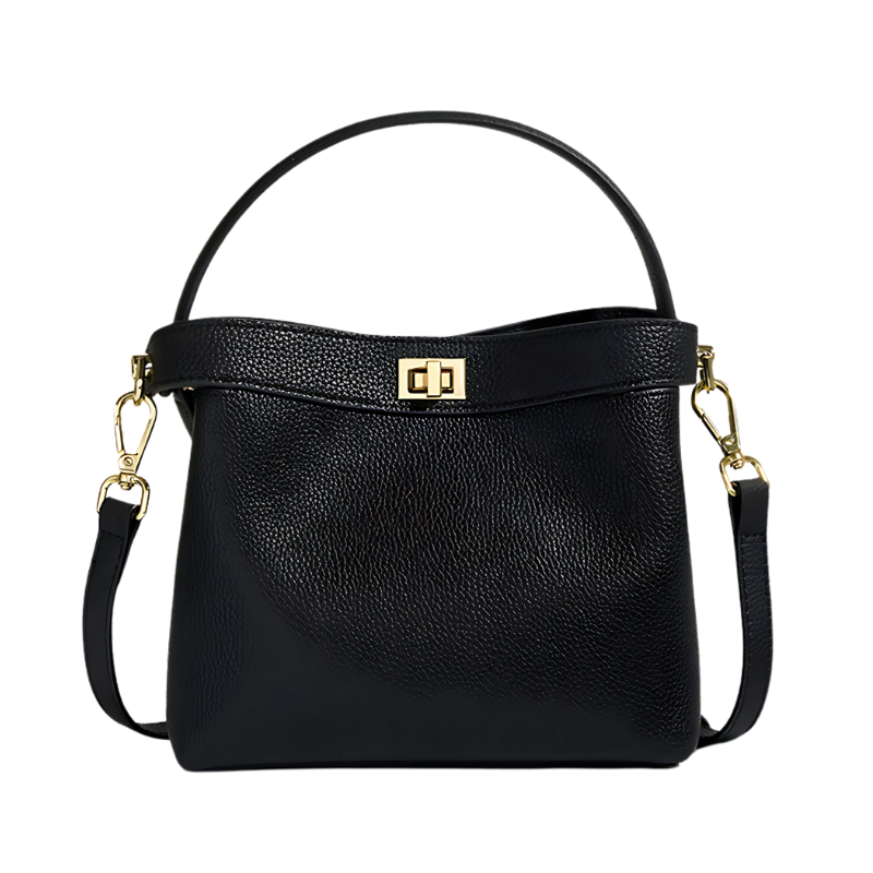Women’s Genuine Leather Minimalist Lock Clasp Shoulder Bucket Bag in black color from the front