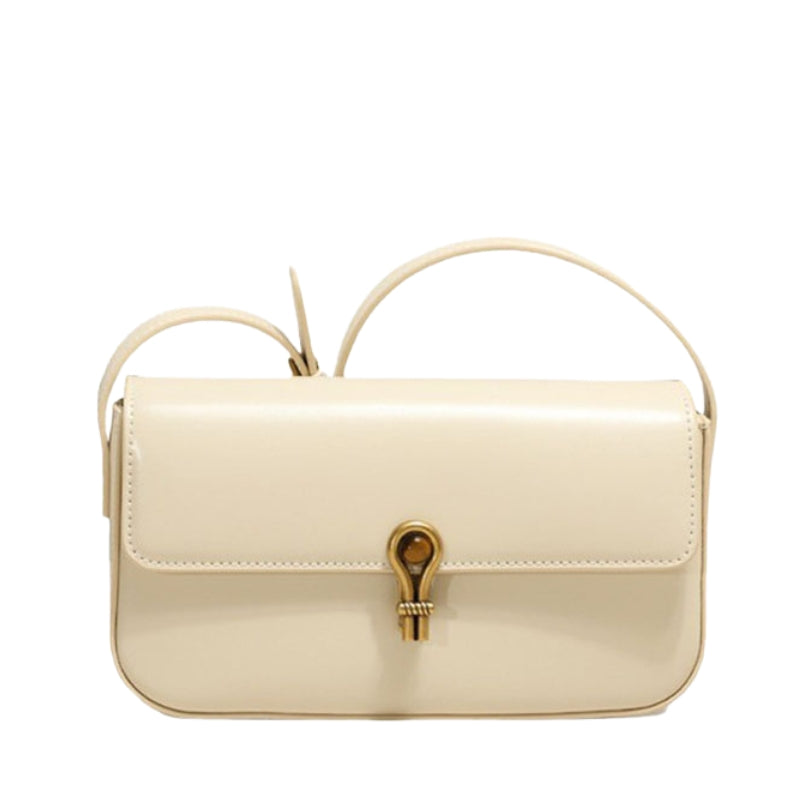 Women’s Genuine Leather Shoulder Baguette Bag with Gold-Tone Hardware in ivory color from the front