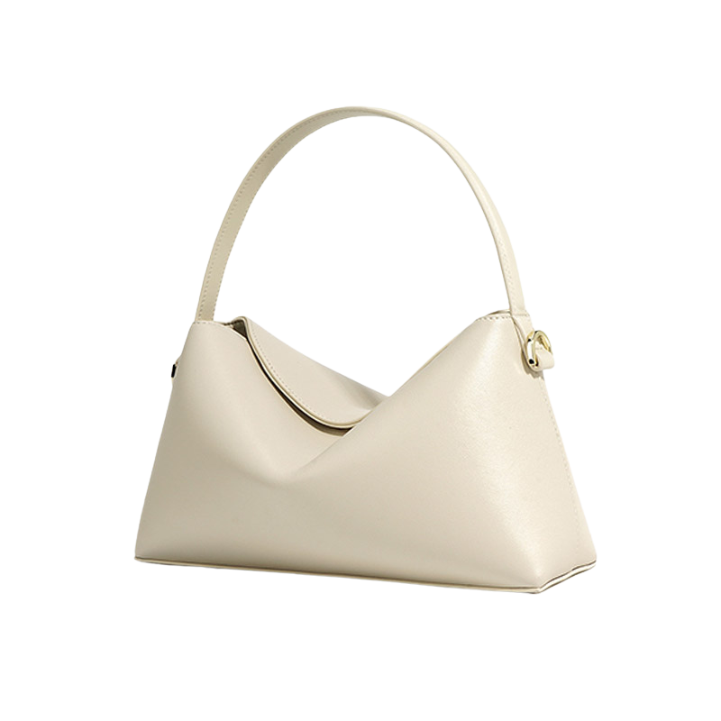 Women’s Minimalist Genuine Leather Dumpling-Shaped Handbag in chak white color showing the side of the bag
