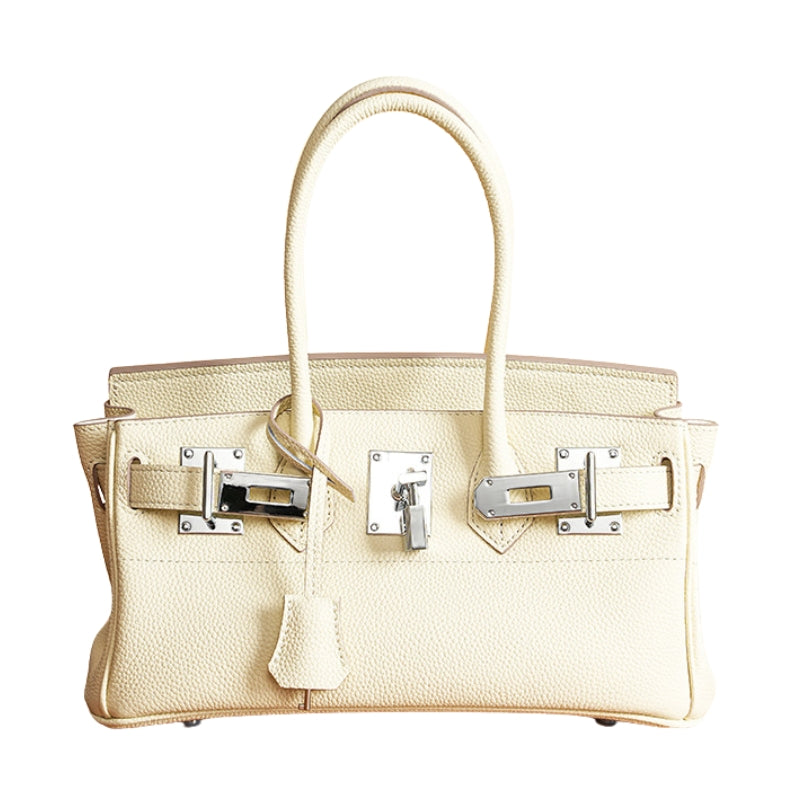 Women’s Minimalist Genuine Leather Rectangular Lock Buckle Crossbody Top Handle Bag in chalk white color