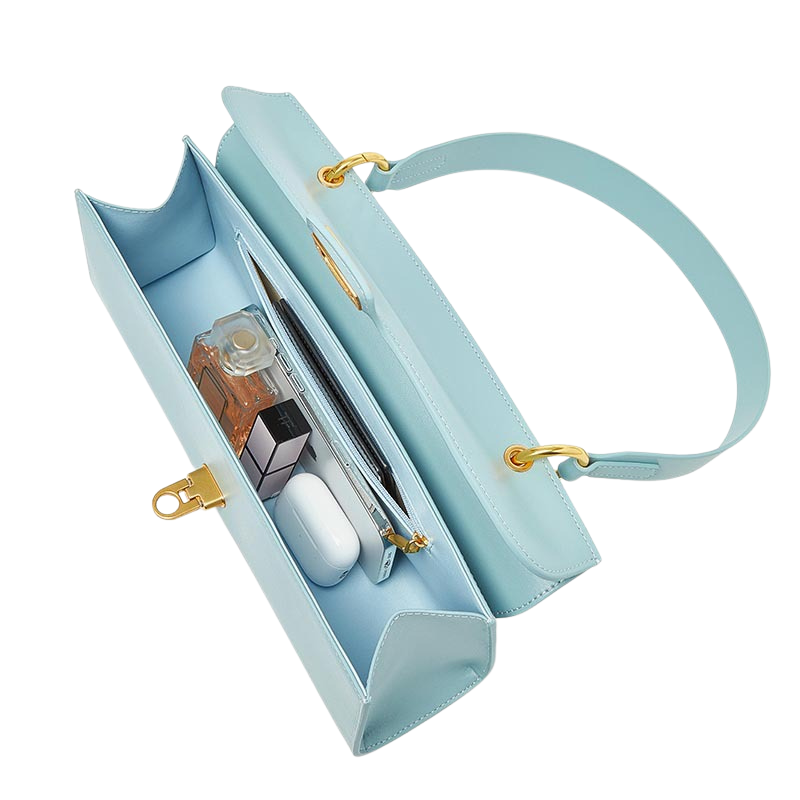 Women’s Minimalist Genuine Leather Shoulder Baguette Bag with Lock Closure in sky blue color showing inside the bag