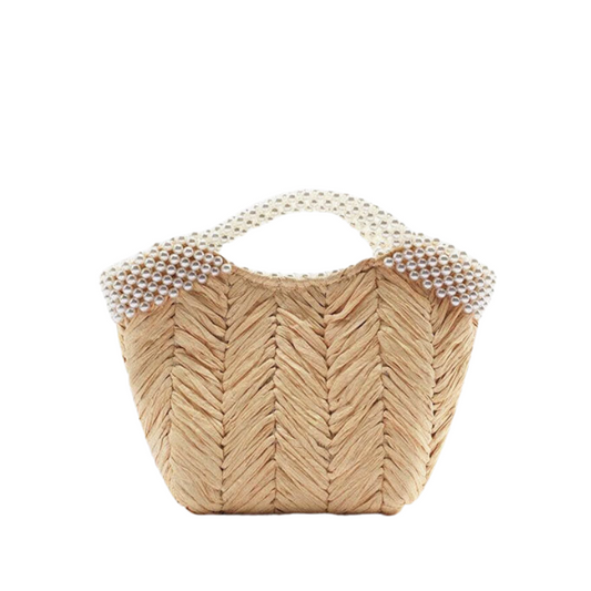 Women’s Pearls straw Woven Tote with Shoulder Chains showing front without chain of the bag