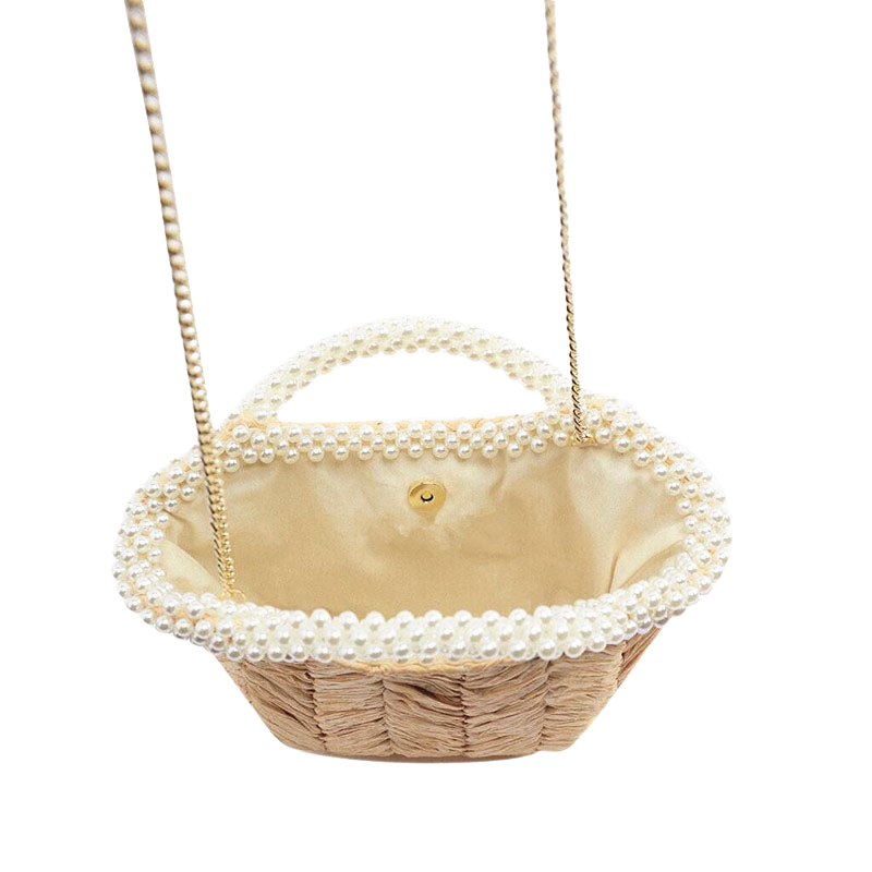 Women’s Pearls straw Woven Tote with Shoulder Chains showing inside the bag
