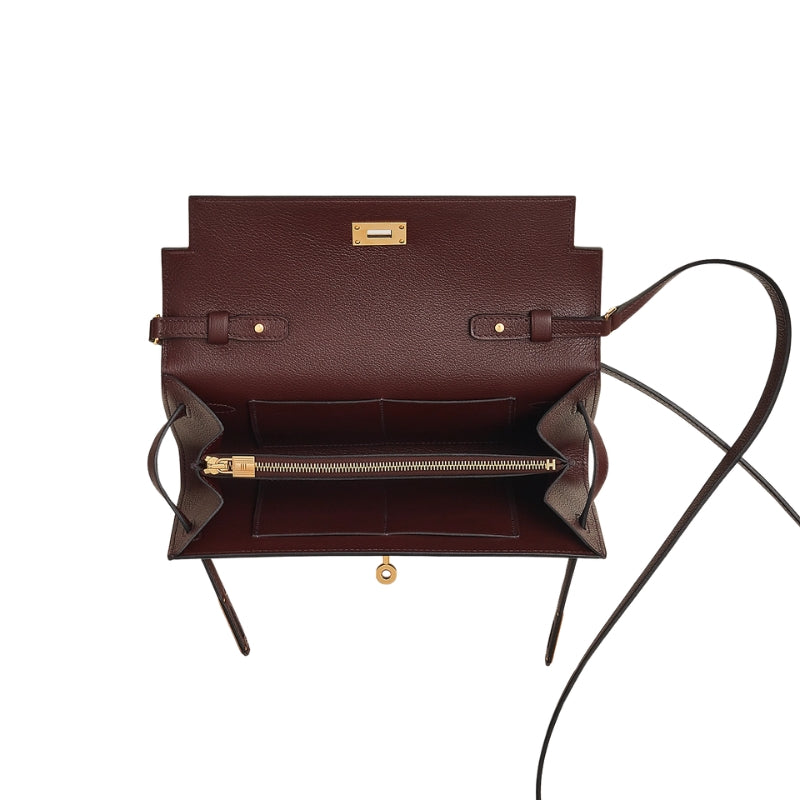 Women’s Shoulder Bags in Genuine Split Leather in Burgundy color showing inside of the bag