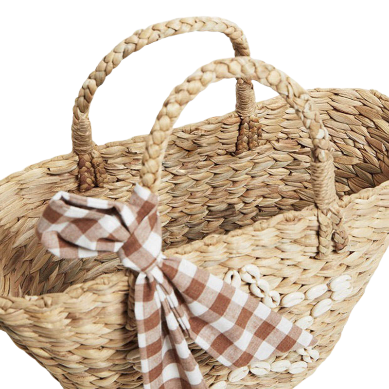 Women’s Straw Bags Plaid Bowknot Woven Beach Tote Bags showing the inside of the bag