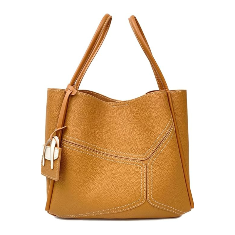 Women’s Vintage Genuine Leather Geometric Stitching Bucket Tote Bag in golden camel color from the front