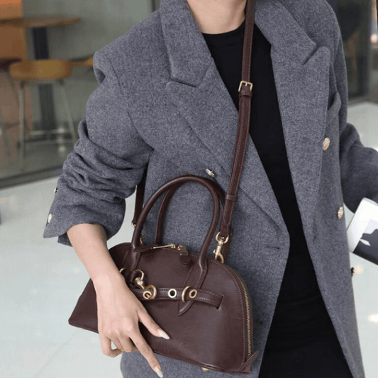 Women’s Vintage Genuine Leather Shell-Shaped Top Handle Bag in Crater Brown color crossbody