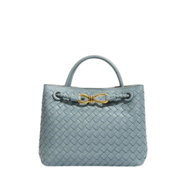 blue woven leather tote bag modern everyday handbag design