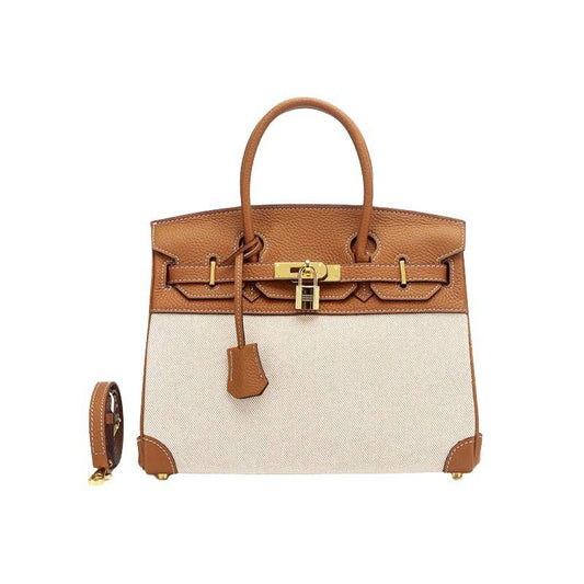 structured top handle bag in camel leather and canvas with top handle design