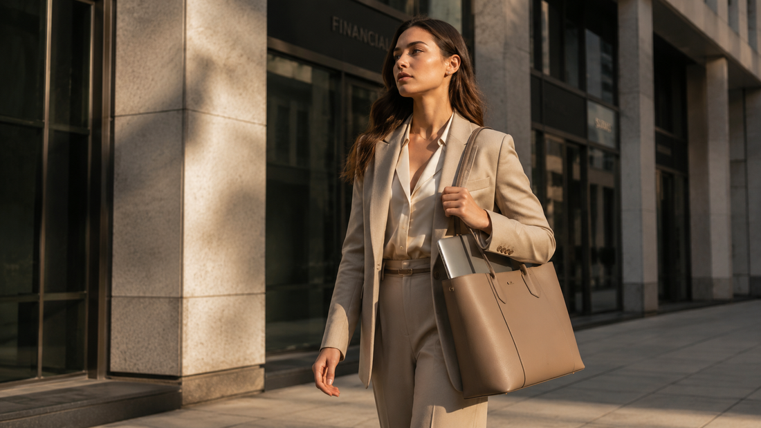 professional woman carrying structured leather work tote bag in business district