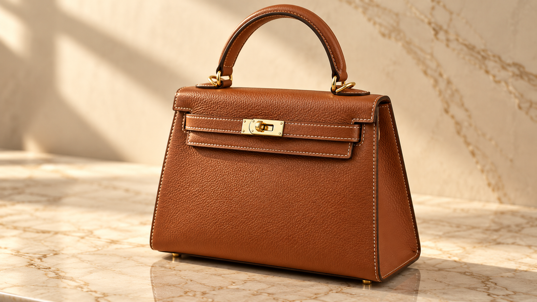 Luxury top handle bag in cognac genuine leather with gold hardware on marble surface