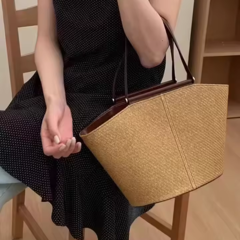 Straw Bag With Leather Handles - Straw Tote Bag With Zipper