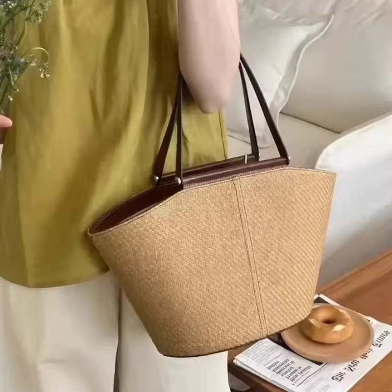 Straw Bag With Leather Handles - Straw Tote Bag With Zipper
