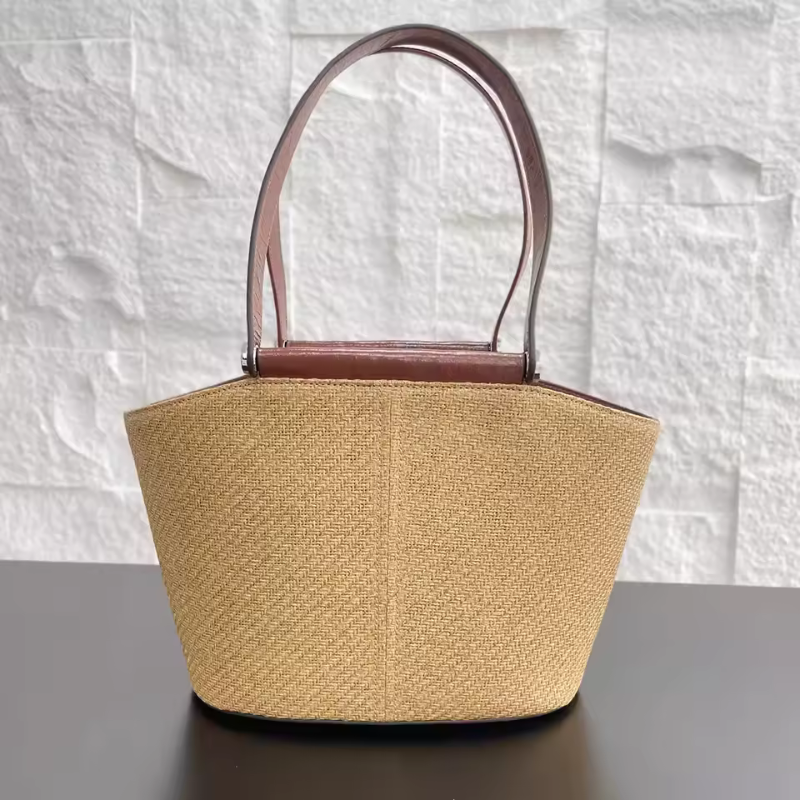 Straw Bag With Leather Handles - Straw Tote Bag With Zipper