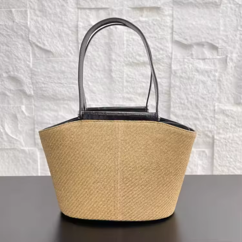Straw Bag With Leather Handles - Straw Tote Bag With Zipper