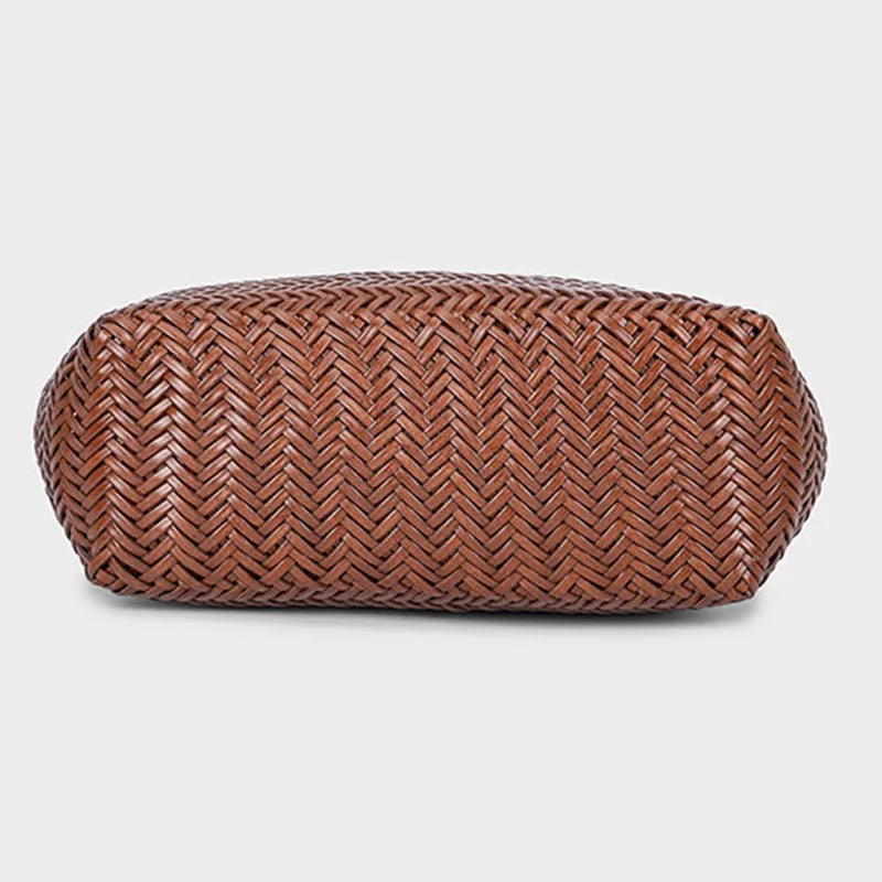 Bottom view of woven leather tote bag