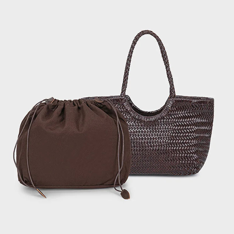 Brown woven leather tote bag with matching pouch