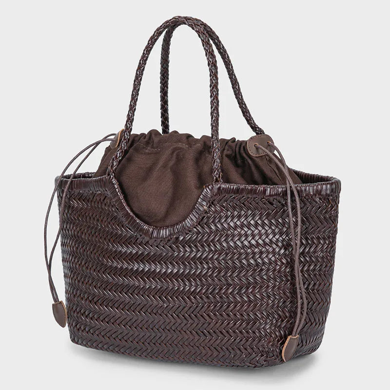 Dark brown woven leather tote bag for women