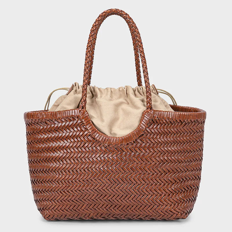 Front view of handmade woven leather tote bag