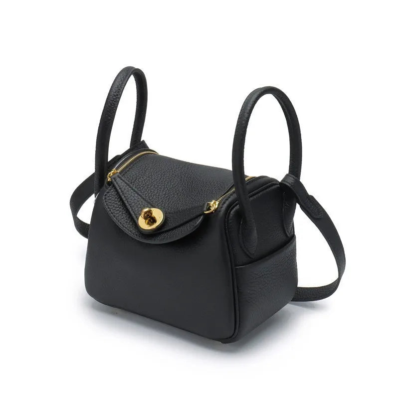 Genuine Leather Cat Eye Decorated Crossbody Shoulder Handbag Black color