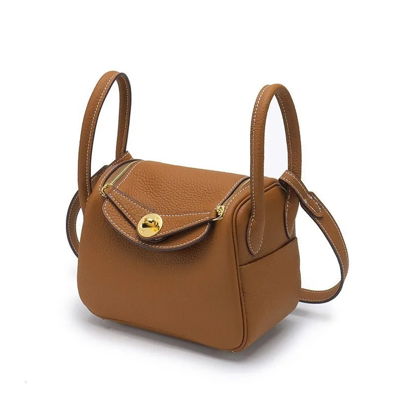 Genuine Leather Cat Eye Decorated Crossbody Shoulder Handbag Brown color