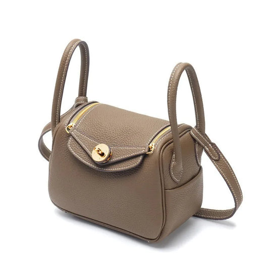 Genuine Leather Cat Eye Decorated Crossbody Shoulder Handbag Taupe color