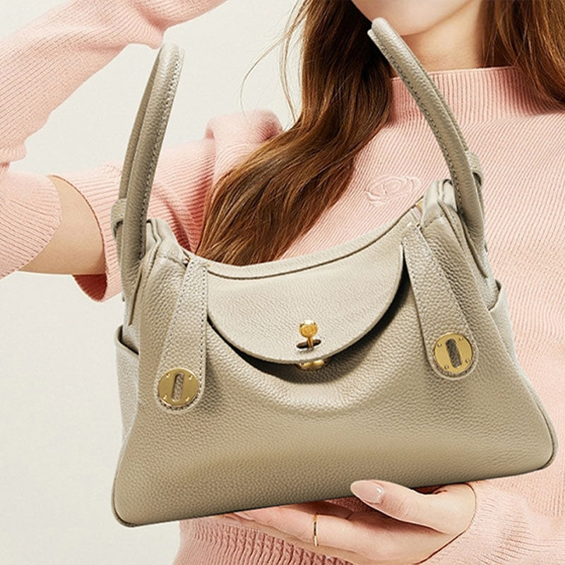 Genuine Leather Cat Eye Decorated Crossbody Shoulder Handbag Taupe color lifestyle