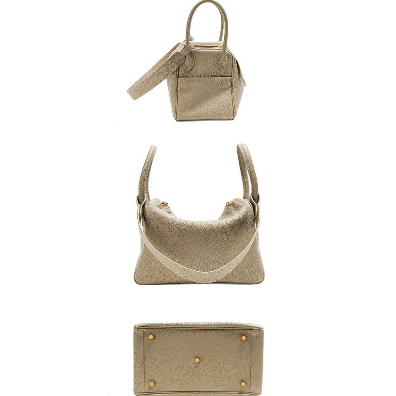 Genuine Leather Cat Eye Decorated Crossbody Shoulder Handbag Taupe color showing all sides 