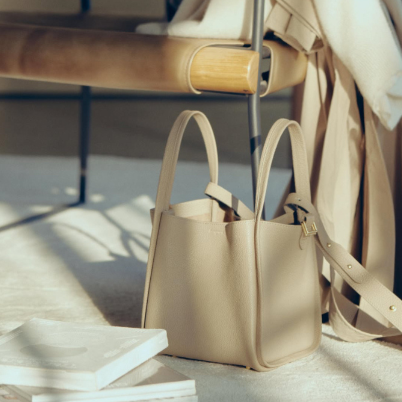 Genuine Leather Crossbody Bucket Bag cream apricot color Lifestyle 