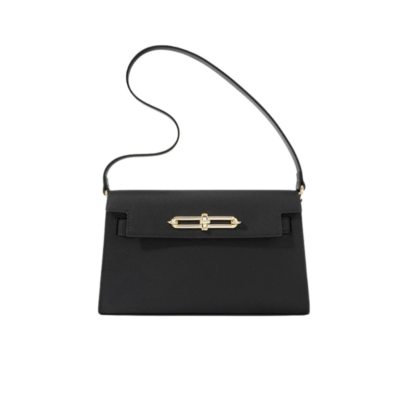 Genuine Leather Lock Buckle Crossbody Shoulder Baguette Bag With Vintage black color