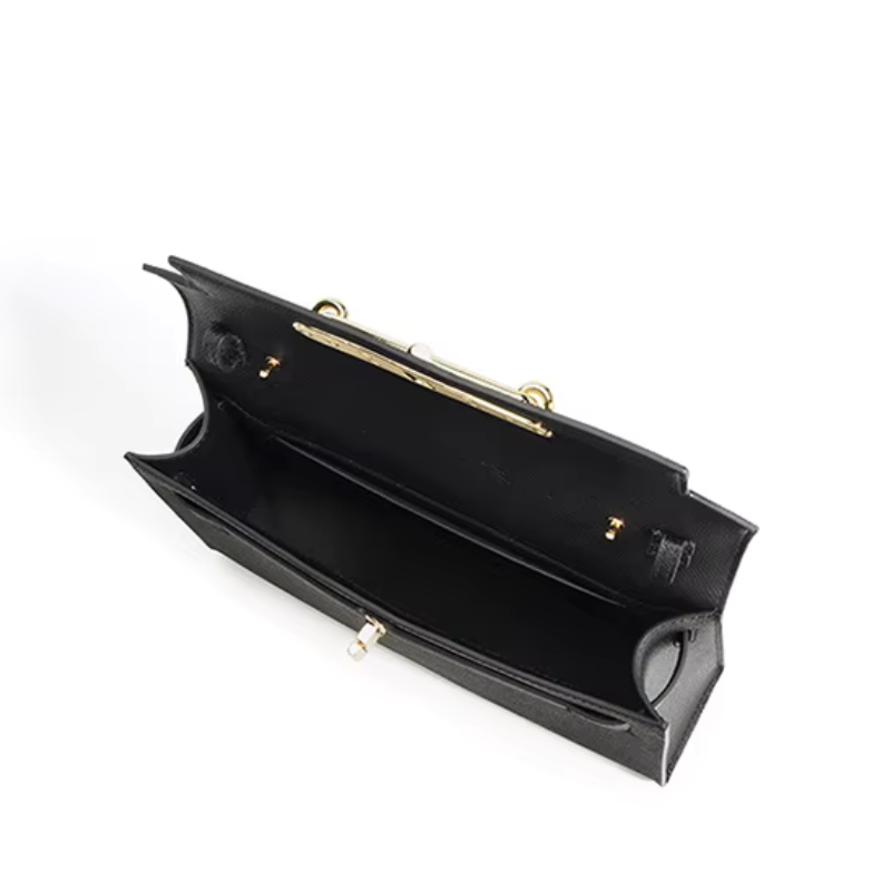 Genuine Leather Lock Buckle Crossbody Shoulder Baguette Bag With Vintage black color inside the bag