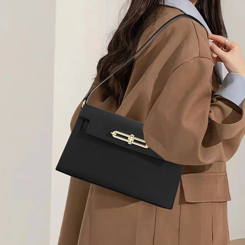 Genuine Leather Lock Buckle Crossbody Shoulder Baguette Bag With Vintage black color lifestyle model handling it on her shoulder