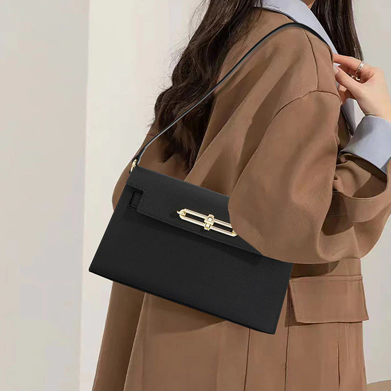 Genuine Leather Lock Buckle Crossbody Shoulder Baguette Bag With Vintage black color lifestyle model handling it on her shoulder