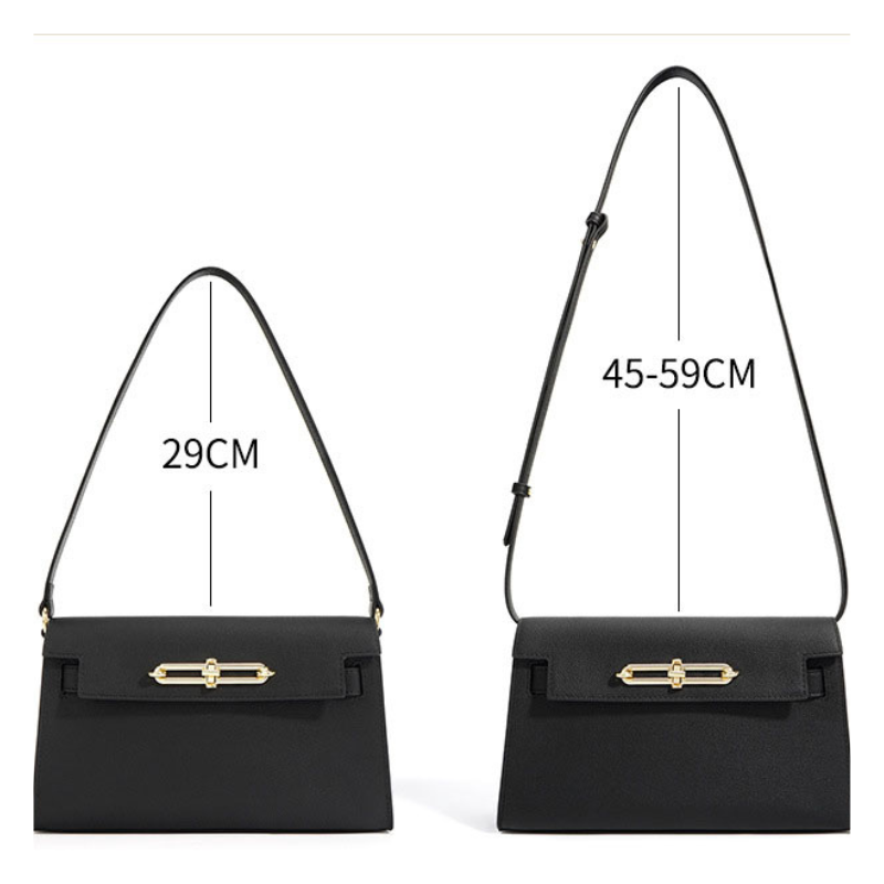 Genuine Leather Lock Buckle Crossbody Shoulder Baguette Bag With Vintage black color zipper strap