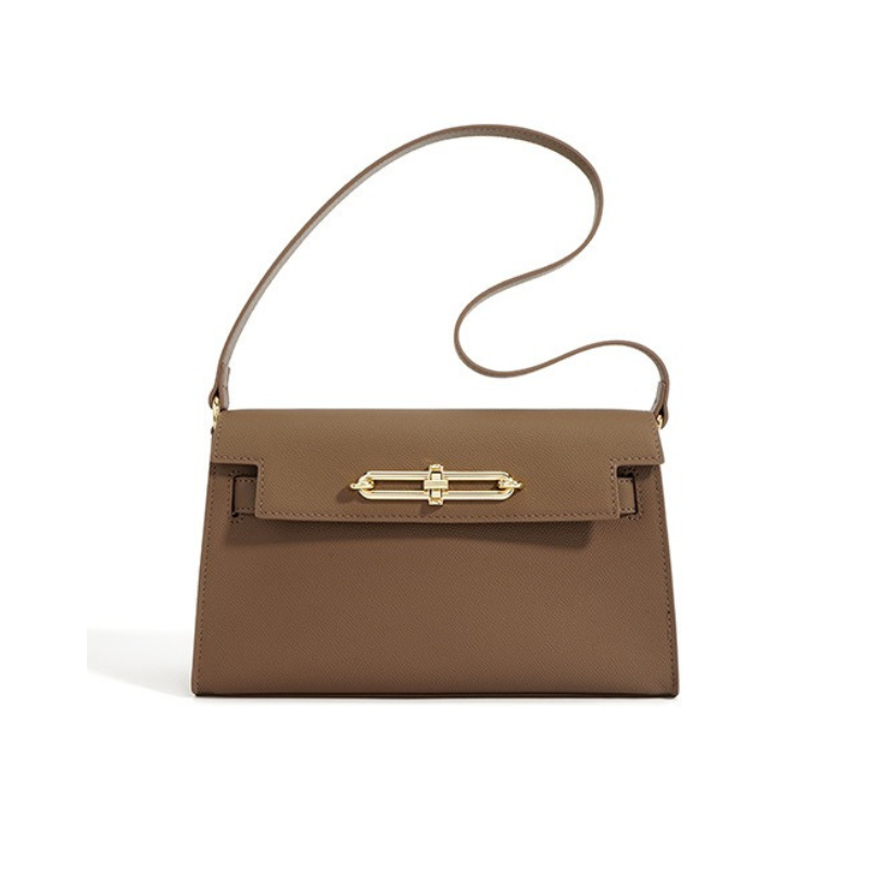 Genuine Leather Lock Buckle Crossbody Shoulder Baguette Bag With Vintage brown color
