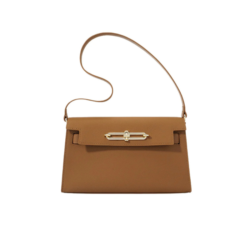 Genuine Leather Lock Buckle Crossbody Shoulder Baguette Bag With Vintage camel color
