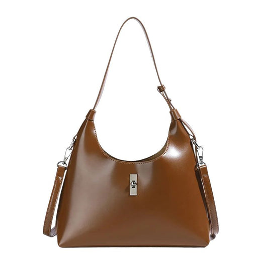 Genuine Leather Lock Single Shoulder Tote Bag In Brawn color