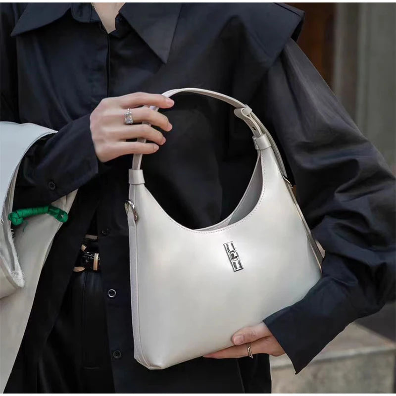 Genuine Leather Lock Single Shoulder Tote Bag In Creamy White lifestyle