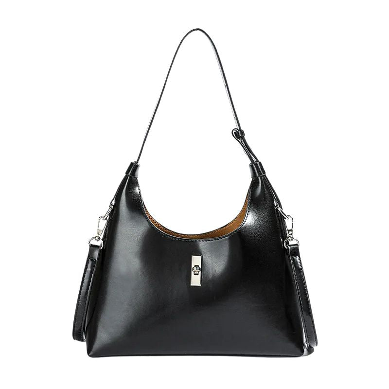 Genuine Leather Lock Single Shoulder Tote Bag In black color