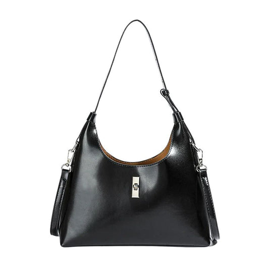 Genuine Leather Lock Single Shoulder Tote Bag In black color